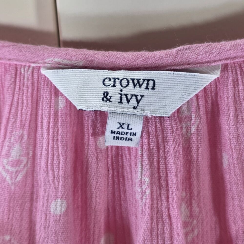 Crown & Ivy Pink Peasant Blouse Top XL Boho Floral Dot 3/4 Sleeve Gauze Barbieco - Picture 3 of 11